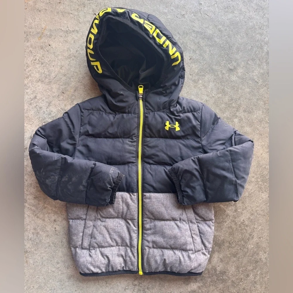 Under Armour Black and Gray Hooded Jacket with Yellow Accents